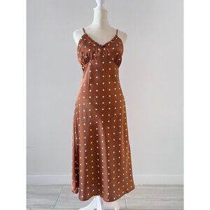 Japan Brown Silk Material Cream Polka Dot Dress Size M with adjustable straps